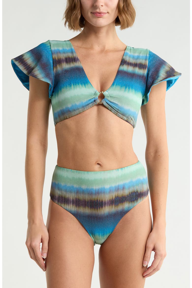 Ruffle Cap Sleeve Bikini Top, Main, color, BLUE/ GREEN/ WHITE MULTI