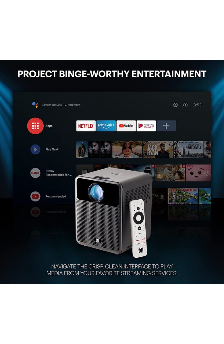 Kodak FLIK HD10 Smart Projector, 1080p Portable Projector with Bluetooth, Wi-Fi & Android TV - Black, Alternate, color, 