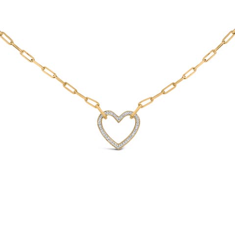Gold Vermeil 1/10 Cttw Diamond Paperclip Chain Heart Pendant Necklace