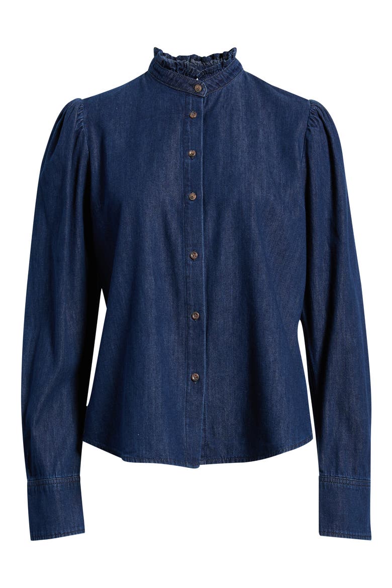 Ruffle Neck Puffed Sleeve Chambray Shirt, Alternate, color, DARK WASH