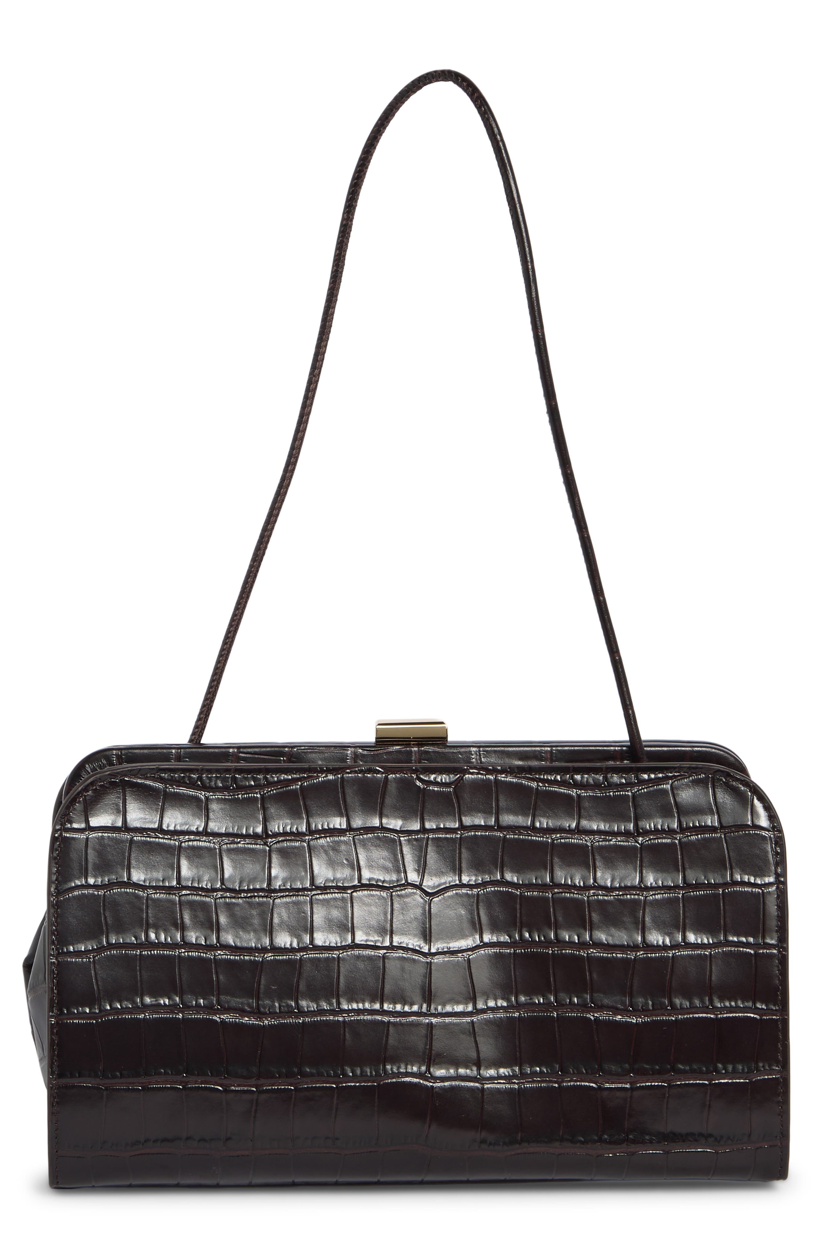 Zella Croc Embossed Leather Shoulder Bag, Main, color, EBONY