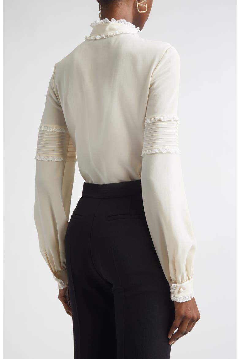 Lace Ruffle Silk Crêpe de Chine Button-Up Shirt, Alternate, color, VANILLA