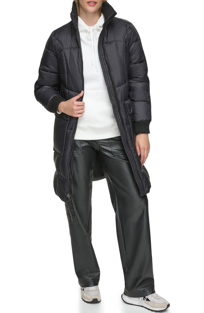 Andrew Marc Ribbed Collar Long Puffer Jacket, Alternate, color, Black