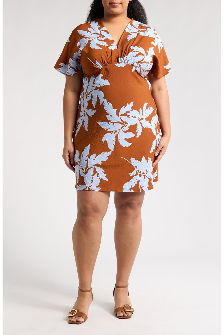 Floral Short Sleeve Empire Waist Dress, Main, color, RUST/ BLUE