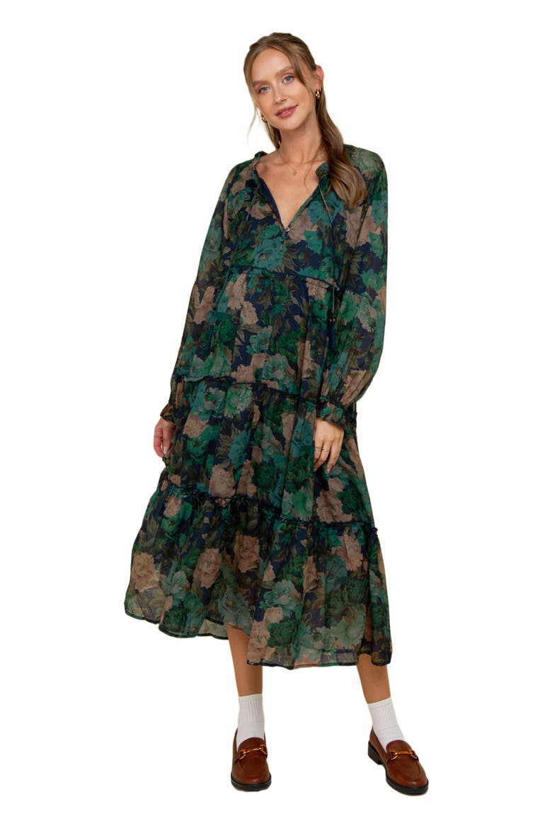 Floral Chiffon Ruffle Tiered Midi Dress, Alternate, color, Navy Blue