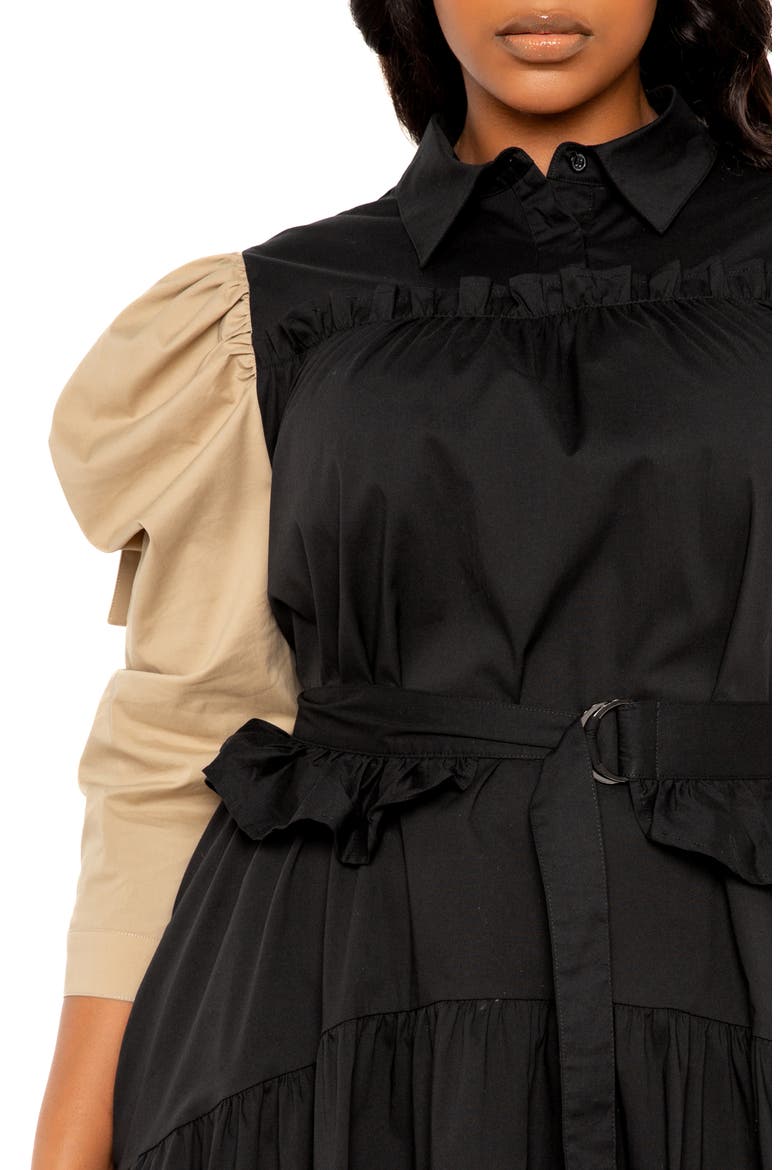 Contrast Puff Shoulder Dress, Alternate, color, BLACK
