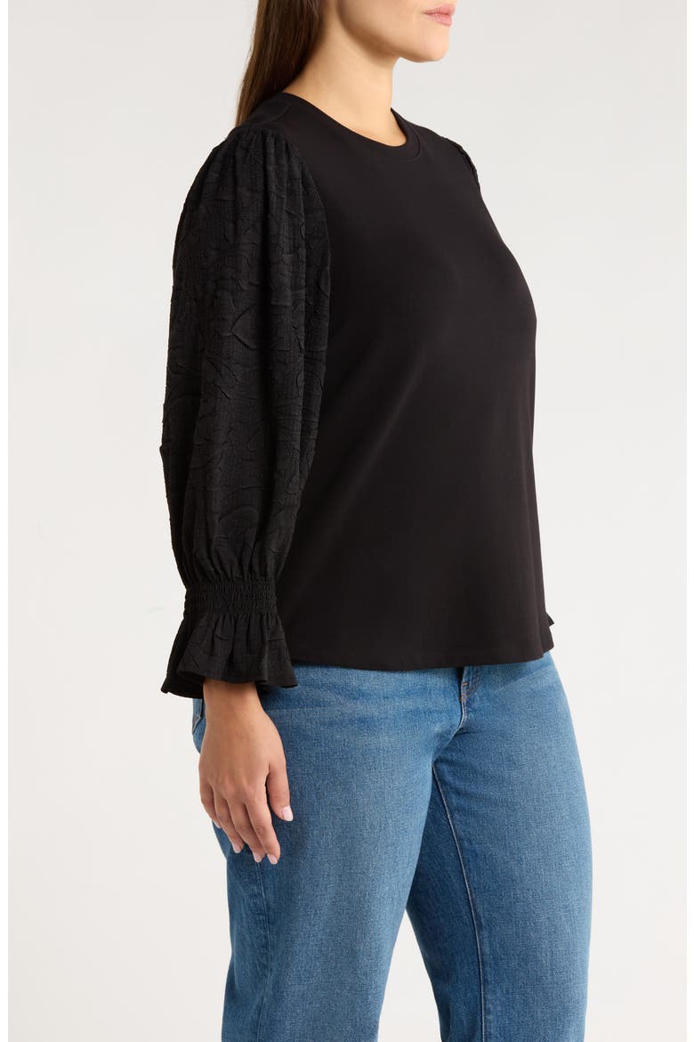 Mixed Media Smocked Sleeve Top(Plus), Alternate, color, BLACK