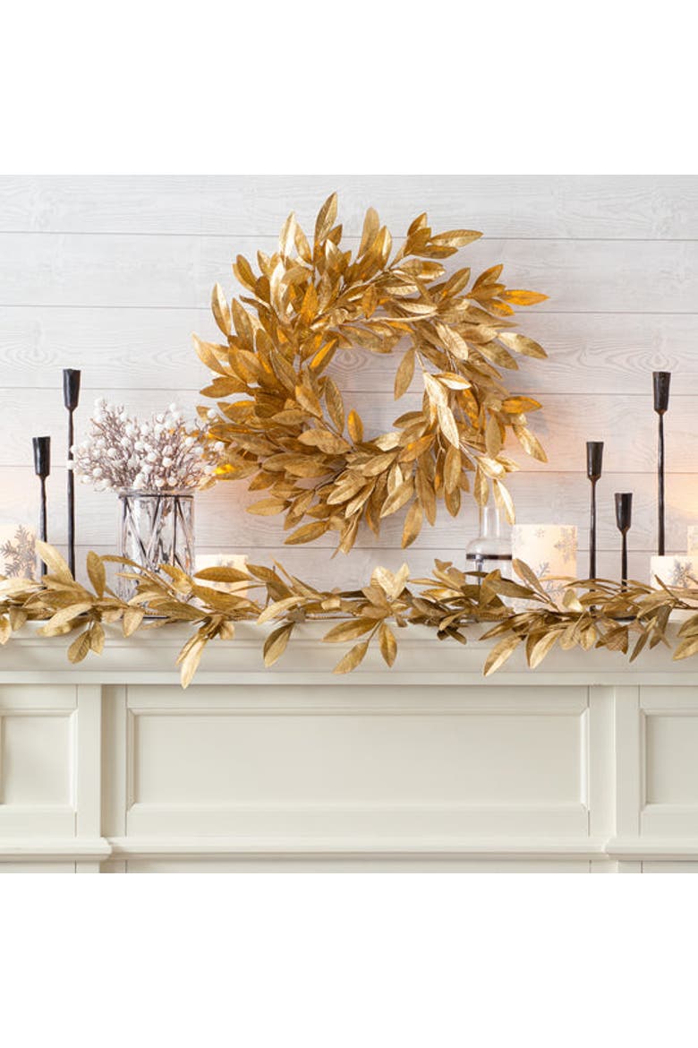 Antiqued Gold Bay Leaf Christmas Holiday Front Door Wreath, Alternate, color, Metallic Gold