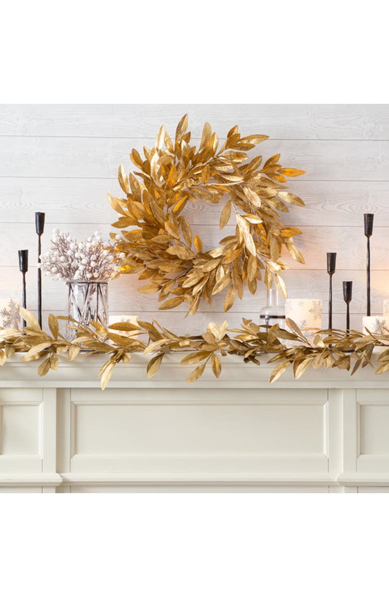 Darby Creek Trading Antiqued Gold Bay Leaf Christmas Holiday Front Door Wreath, Alternate, color,