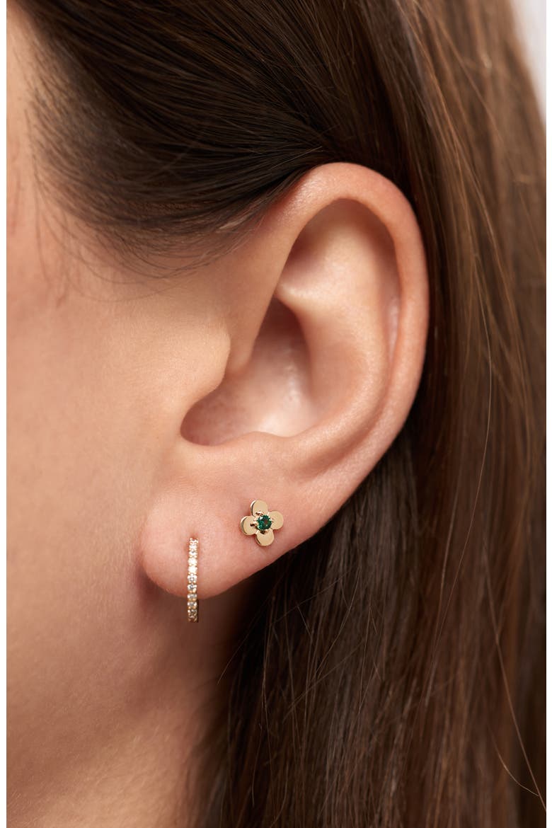 Solid Yellow Gold - Mini Flower Studs, Alternate, color, Emerald