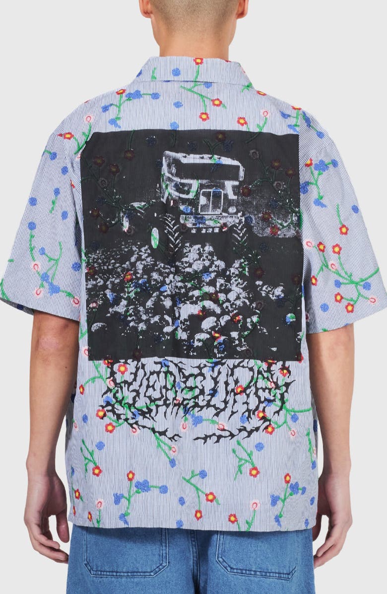 PLEASURES Pile Stripe Short Sleeve Button-Up Shirt, Alternate, color, Blue Multi