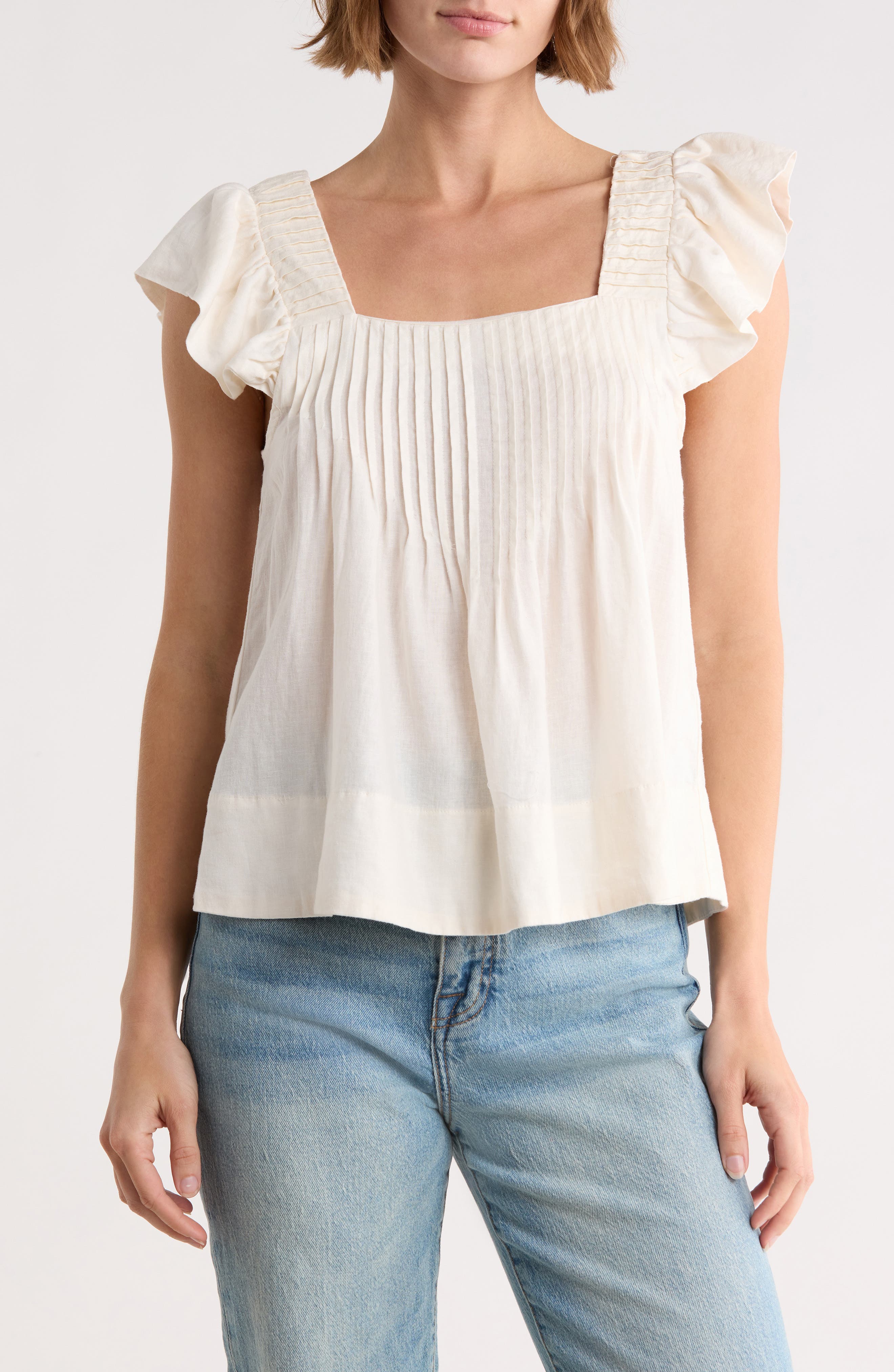Joie Flutter Sleeve Square Neck Linen Blend Top