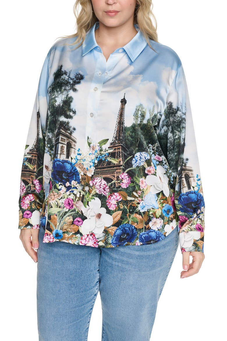 Paris Scene Button-Up Blouse, Alternate, color, STEEL BLUE MULTI