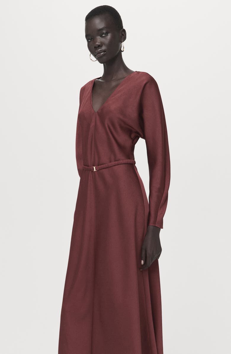 MANGO Long Sleeve Satin Midi Dress, Alternate, color, Maroon