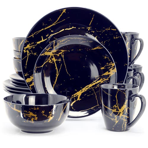 Elama Fine Marble 16 Pc Dark Blue 16-pc. Ceramic Dinnerware Set In Black