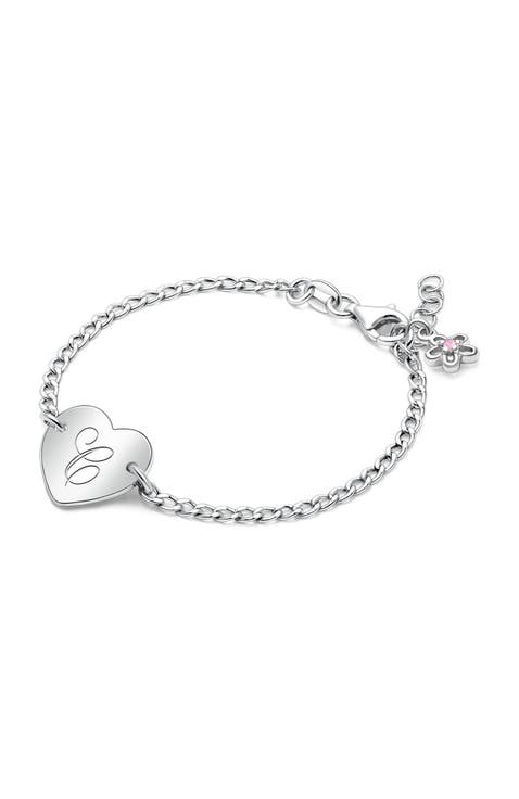 Sterling Silver Lovely Heart ID Bracelet & Engraved Initial 6" Bracelet