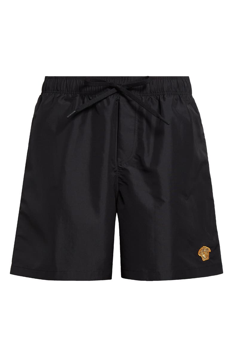 Versace Embroidered Medusa Swim Trunks, Alternate, color, Black