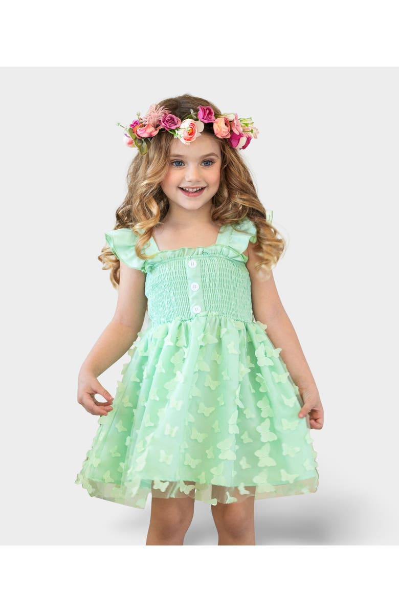 Mia Belle Girls Girls Butterfly Kisses Green Smocked Dress, Main, color,