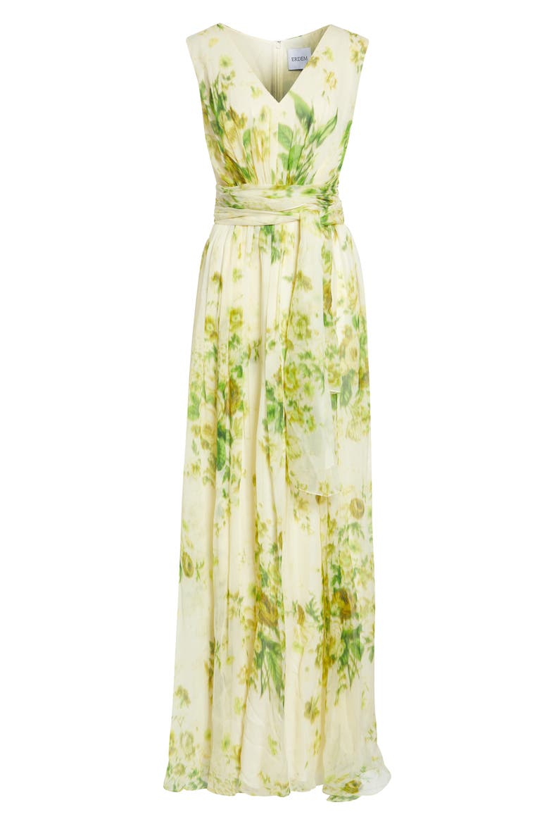 Floral Print Belted Silk Creponne Gown, Alternate, color, ROSE BOUQUET LEMONGRASS