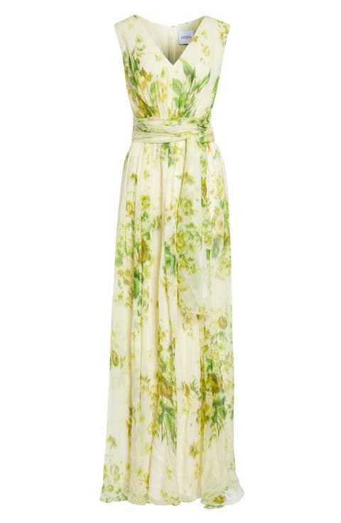 Floral Print Belted Silk Creponne Gown