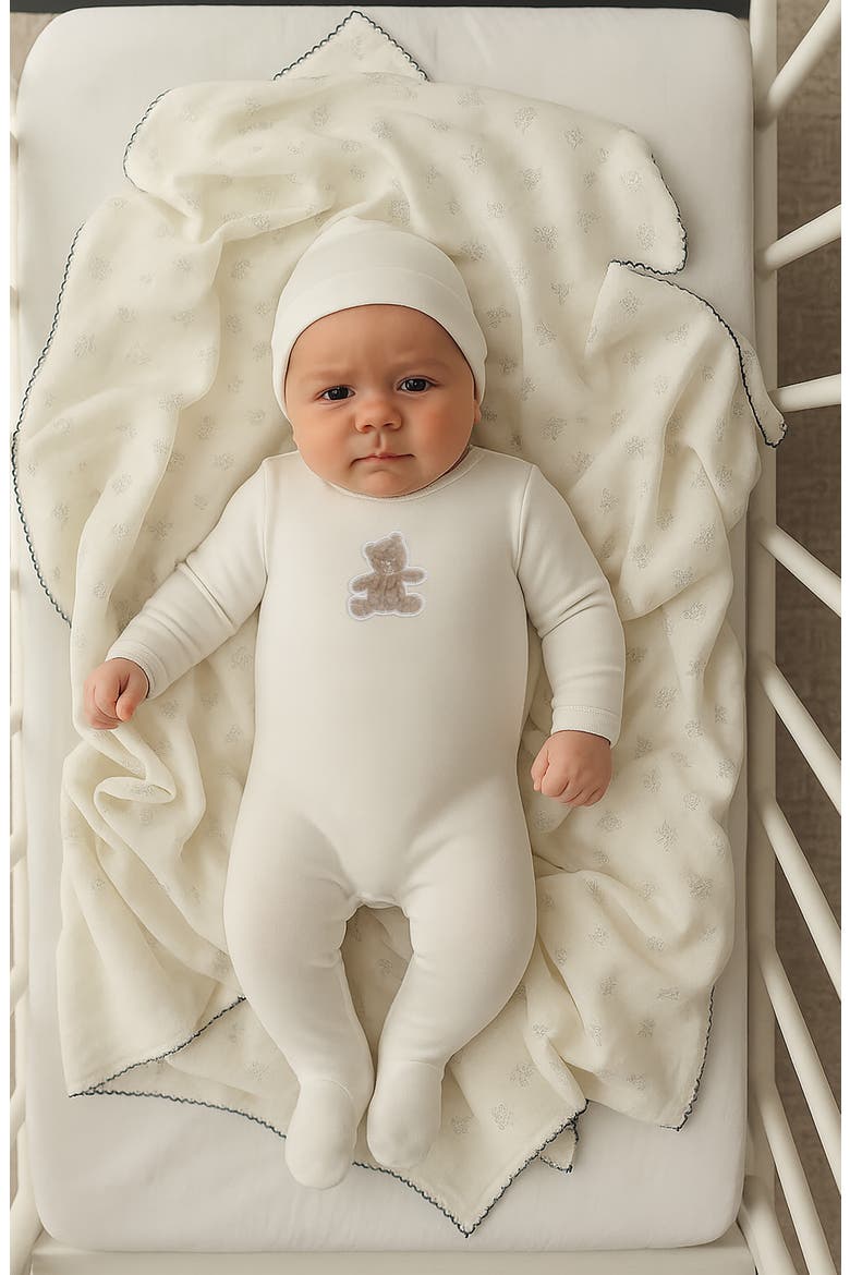 Bear Appliqué Footie & Beanie Set, Alternate, color, OFF WHITE