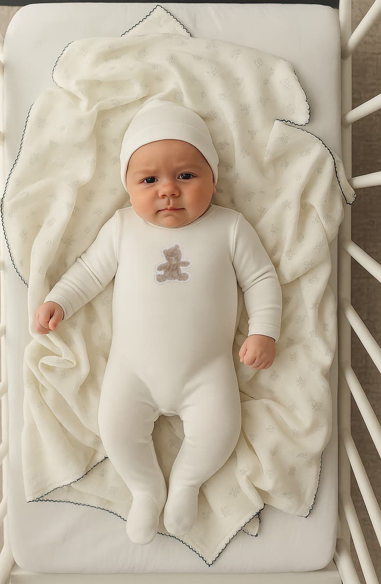 Manière Bear Appliqué Footie & Beanie Set, Alternate, color, Off White