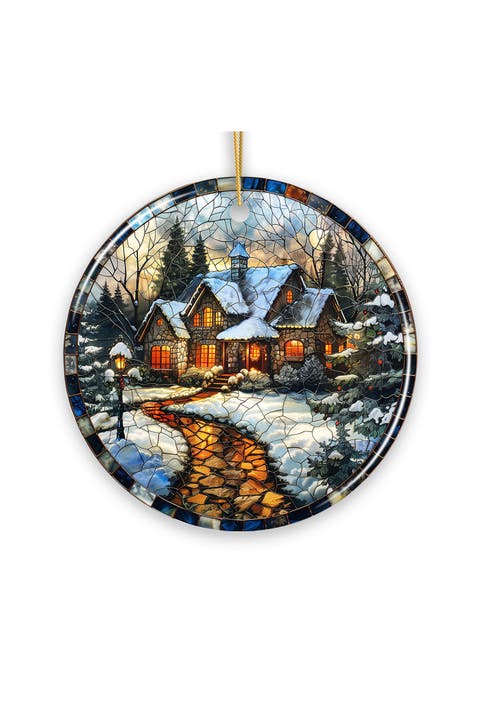 Snowy Cabin Stained Glass Themed Ornament - Version 2