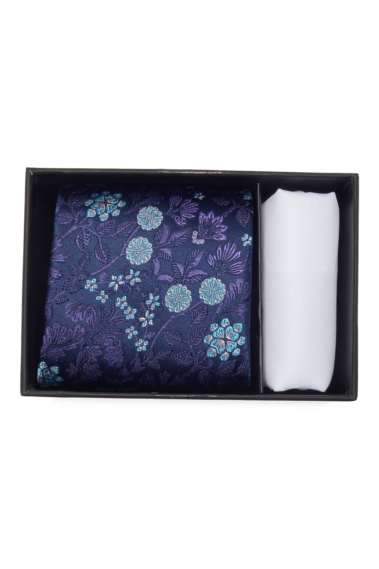 Laurier Floral Silk Blend Tie & Pocket Square Set, Main, color, LAVENDER