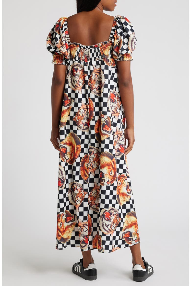 Palm Springs Lion Print Smocked Maxi Dress, Alternate, color, BLACK AND WHITE CHECK