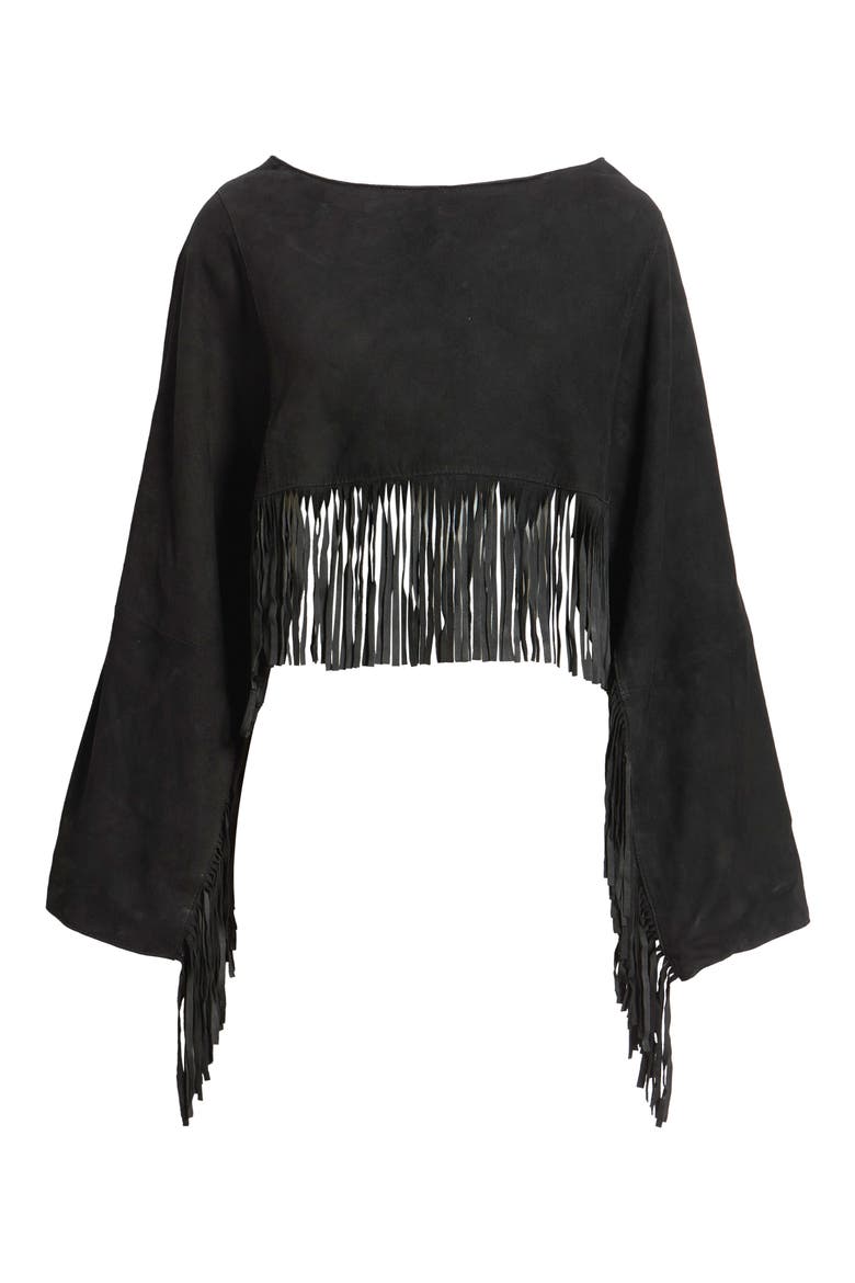 Paige Fringe Detail Suede Poncho, Alternate, color, BLACK