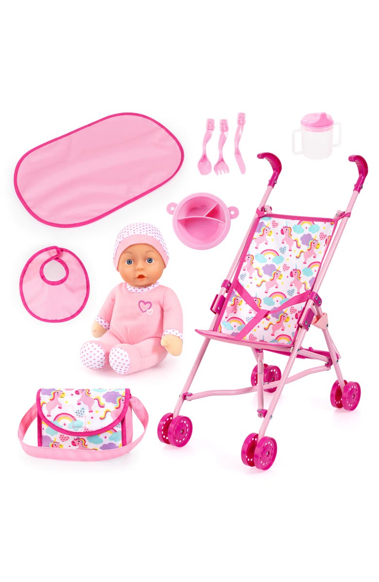 Bayer Design Buggy Umbrella Stroller Doll Set Pink Unicorn, Rainbows, Main, color, Pink