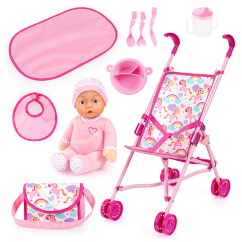 Buggy Umbrella Stroller Doll Set Pink Unicorn, Rainbows