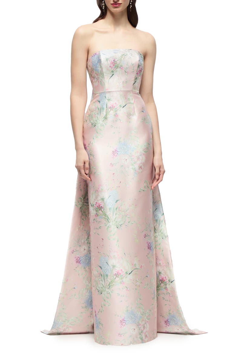 Esme Floral Strapless Satin Twill Gown with Removable Train, Main, color, ESME FLORAL
