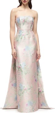 Alfred Sung Esme Floral Strapless Satin Twill Gown with Removable Train