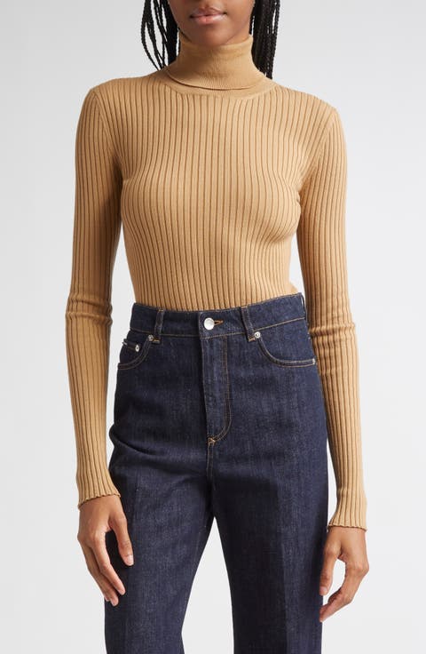 Virgin Wool Blend Rib Turtleneck Sweater