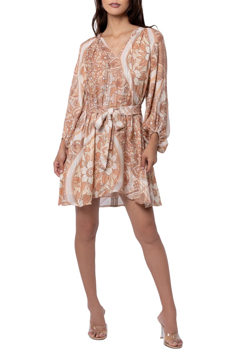 Sonia Metallic Long Sleeve Minidress, Main, color, TAUPE MULTI