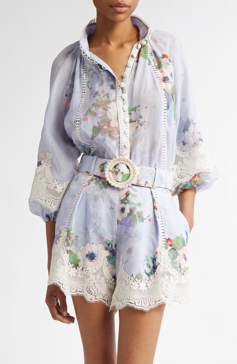 Zimmermann Everley Floral Lace Trim Ramie Button-Up Shirt, Main, color, 