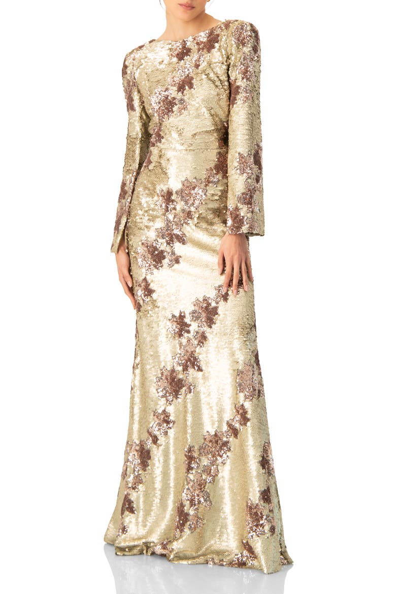 Floral Sequin Gown with Open Back, Main, color, Gold