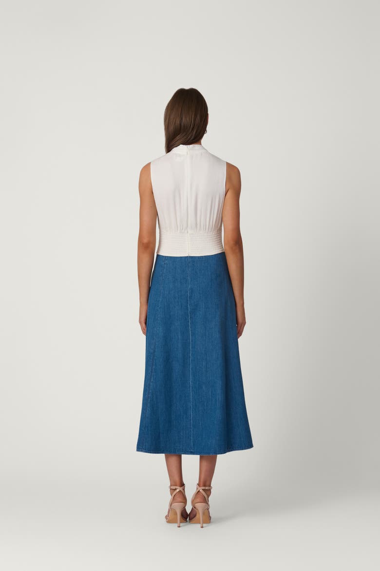Crinkle Chiffon Denim Combo Bentley Dress, Alternate, color, Ivory