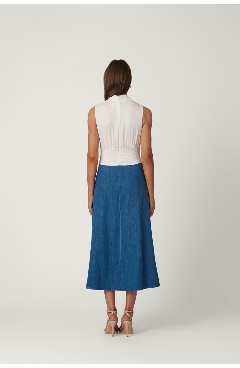 Shoshanna Crinkle Chiffon Denim Combo Bentley Dress, Alternate, color, Ivory