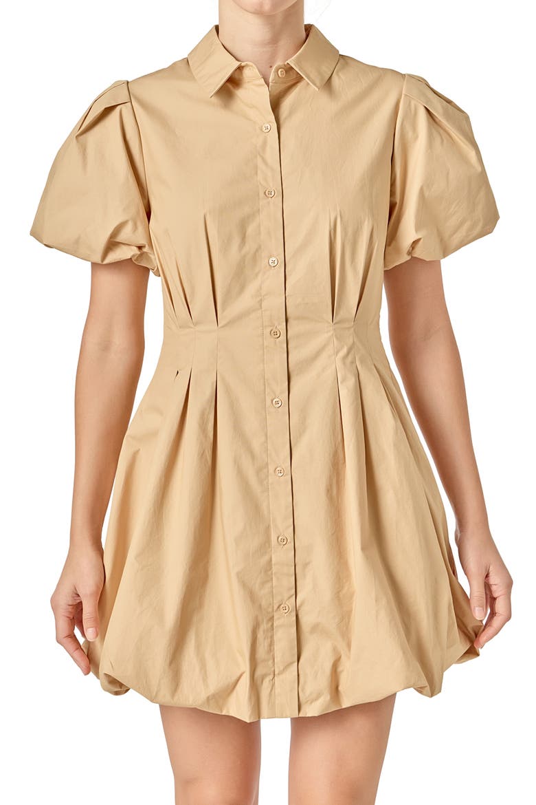 Puff Sleeve Bubble Hem Cotton Mini Shirtdress, Alternate, color, TAN