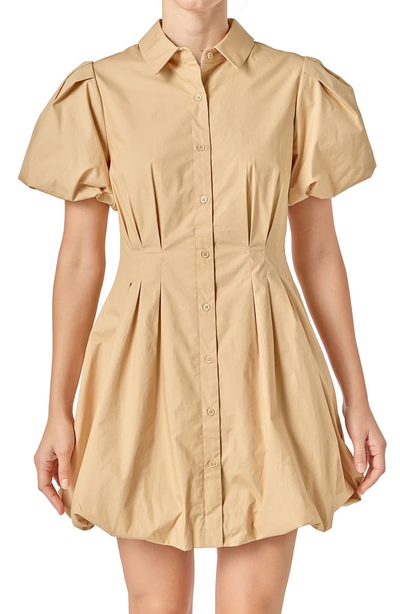 English Factory Puff Sleeve Bubble Hem Cotton Mini Shirtdress, Alternate, color, Tan