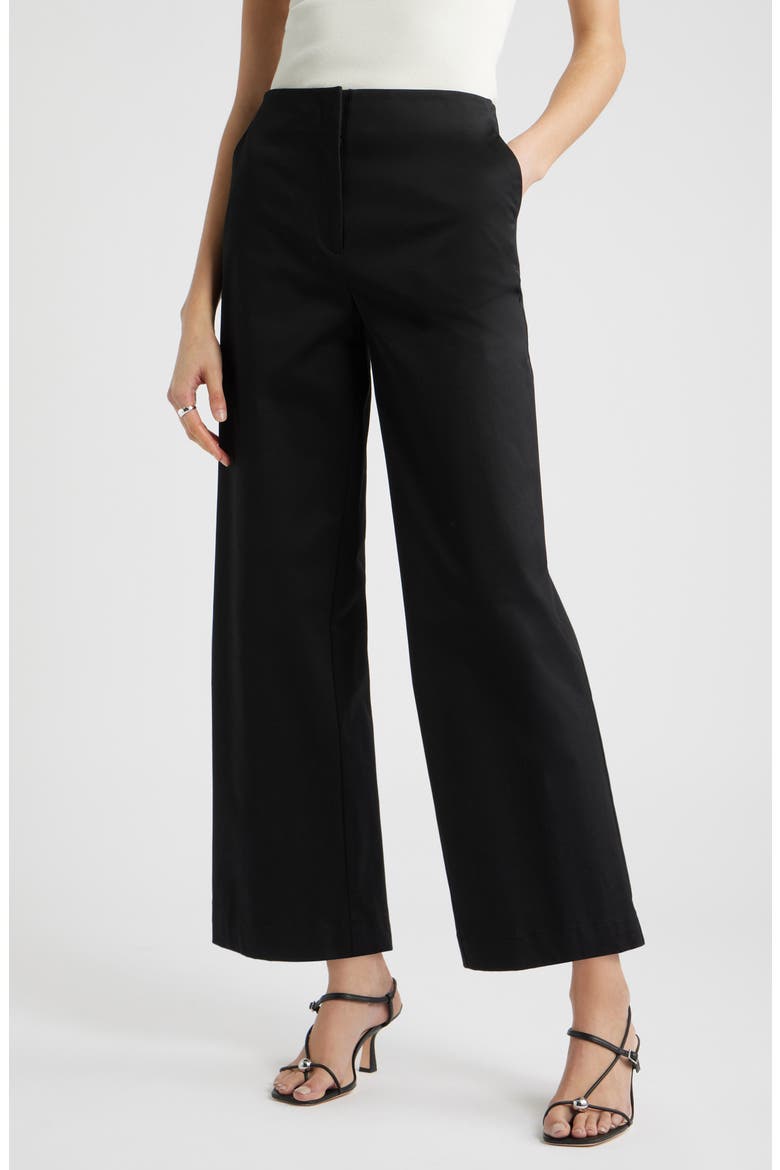 High Waist Stretch Cotton Wide Leg Pants, Main, color, BLACK