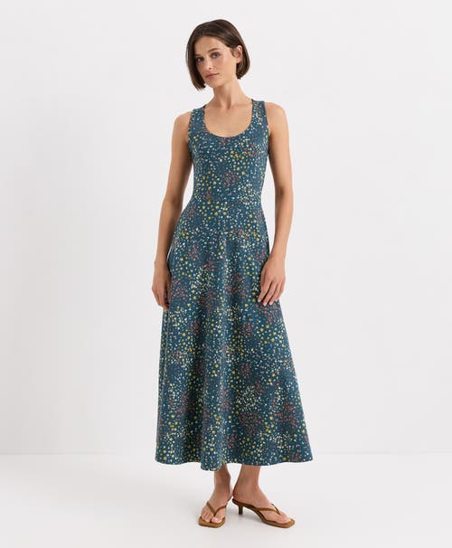 Pact Fit & Flare Open Back Maxi Dress Made With Organic Cotton In Deep Aqua Flower Fields