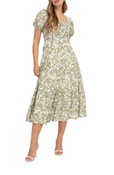 Puff Sleeve Smocked Midi Dress