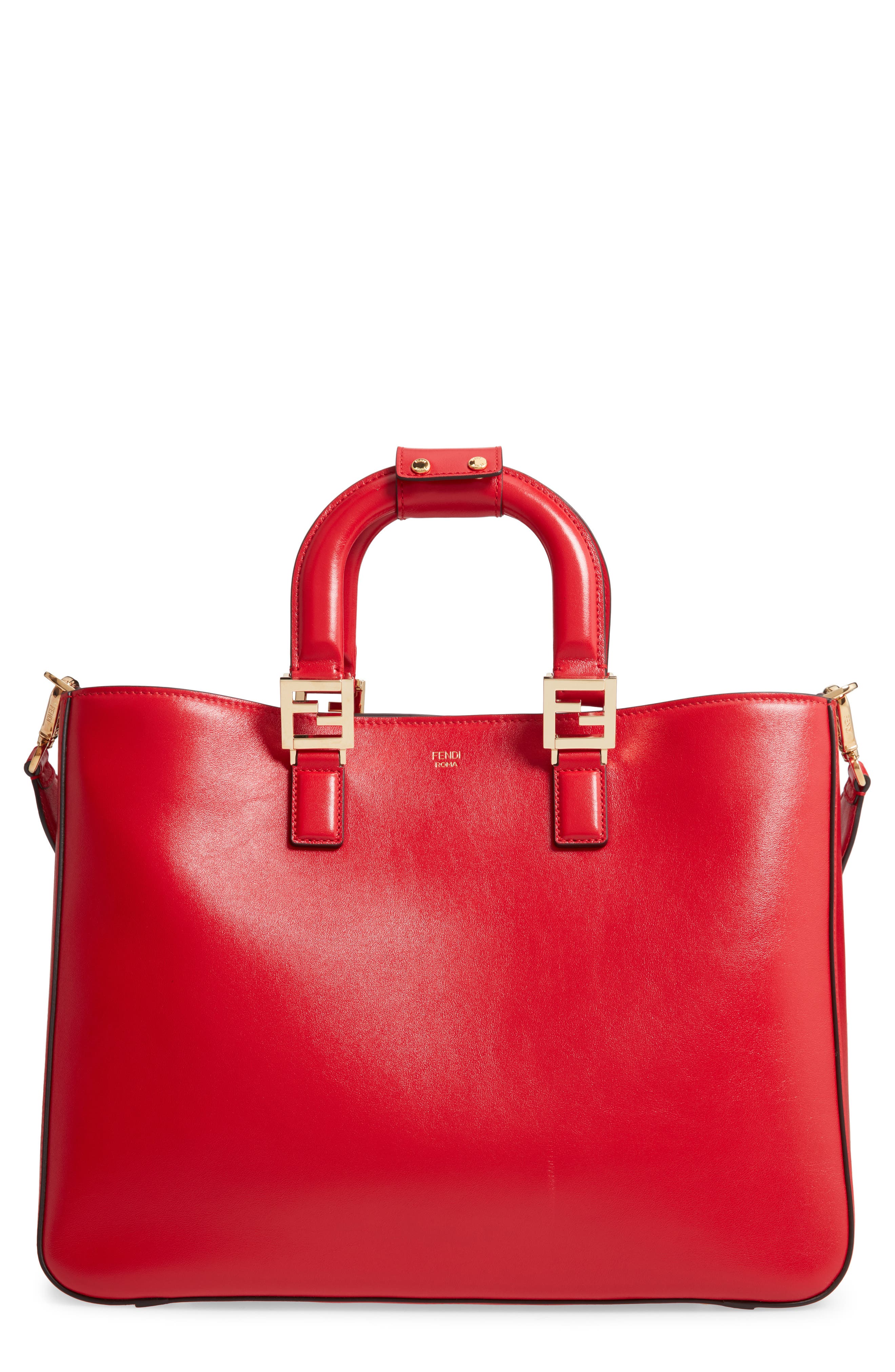 Medium FF Top Handle Leather Tote, Main, color, CARDINALE RED/ SOFT GOLD