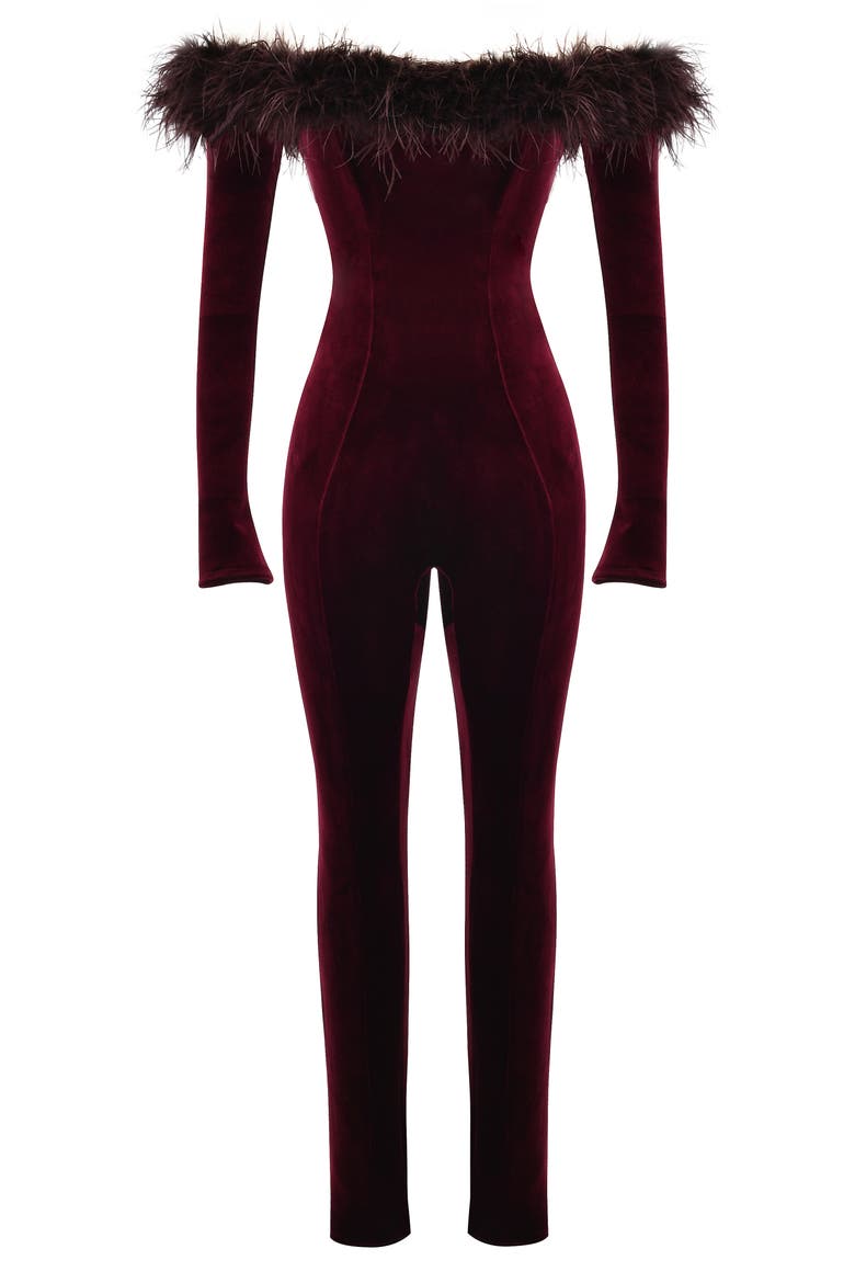Salima Feather Trim Off the Shoulder Long Sleeve Velvet Jumpsuit, Alternate, color, BROWN CHERRY