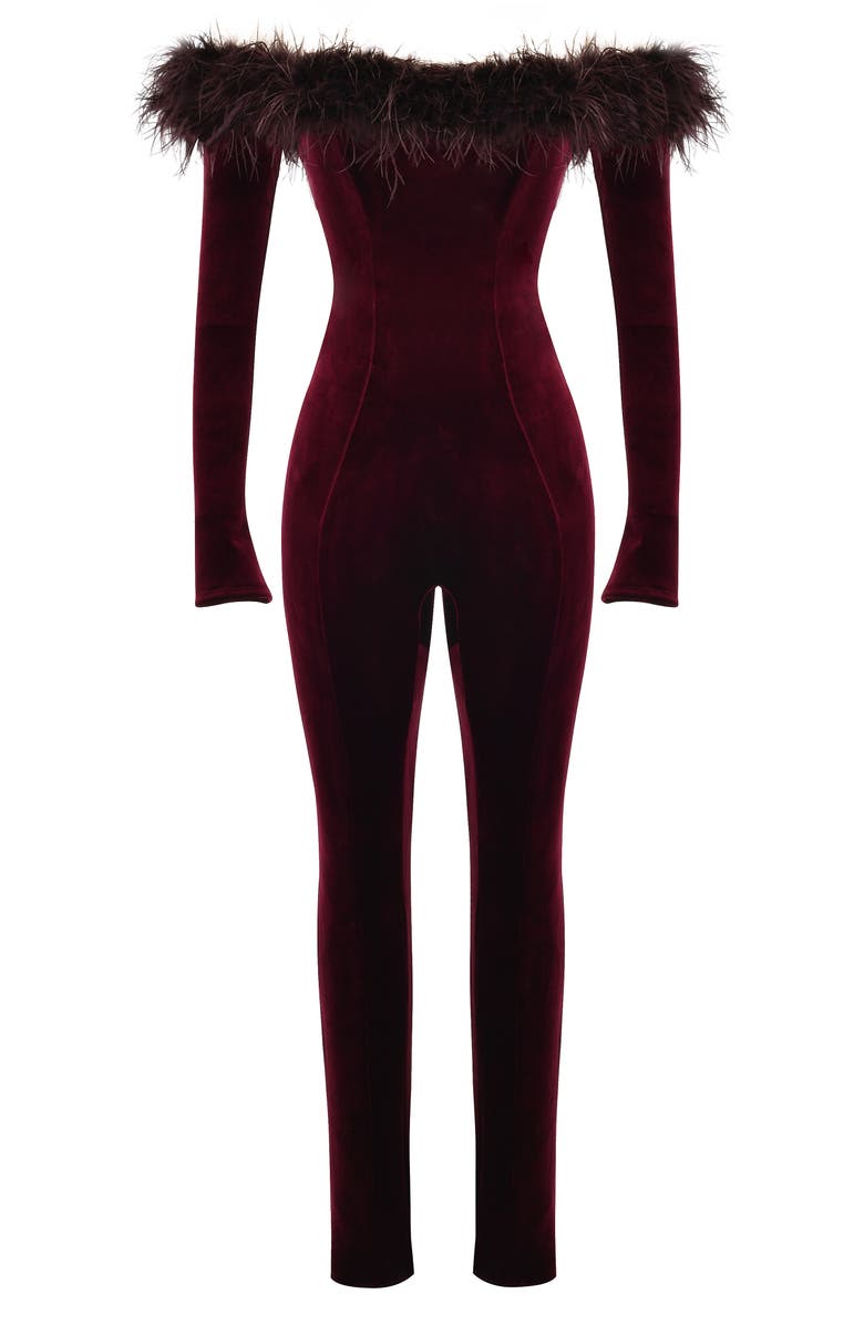 HOUSE OF CB Salima Feather Trim Off the Shoulder Long Sleeve Velvet Jumpsuit, Alternate, color, 