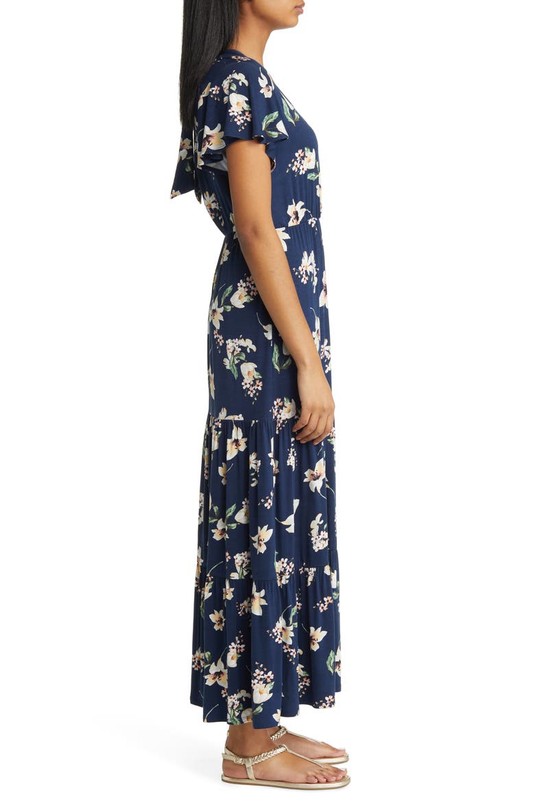 Floral Tiered Faux Wrap Knit Maxi Dress, Alternate, color, NAVY