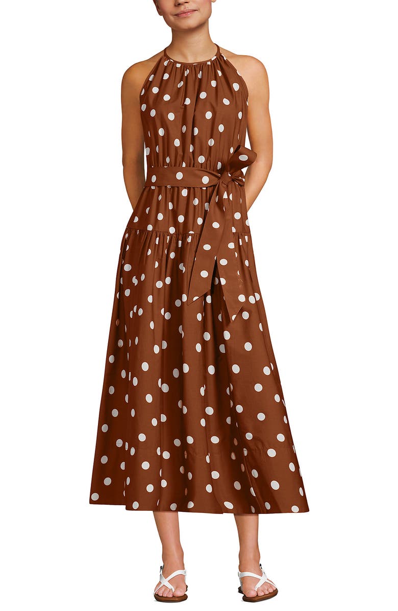 Lands' End Poplin Halter Midi Dress, Alternate, color, Rich Ginger Brown Dot